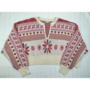 Intimately Free People Heart Floral Fair Isle Cropped Sweater Split Neck Small